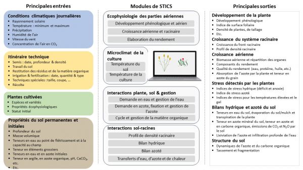 Représentation schématique du modèle Stics, qui présente les principaux composant et modules du modèle